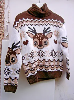 Buy Soft Cute Christmas Reindeer Nordic Jumper Brown White Frozen Small • 12.99£