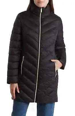 Buy MICHAEL KORS Chevron Quilted Lightweight Hooded Puffer Jacket Coat XS Black • 110.48£