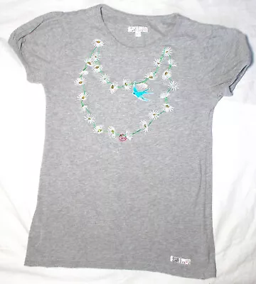 Buy Girls T-Shirt Grey Embroidered Flowers, Bird & Peace Sign 8-9Y By Doll Face • 5.30£