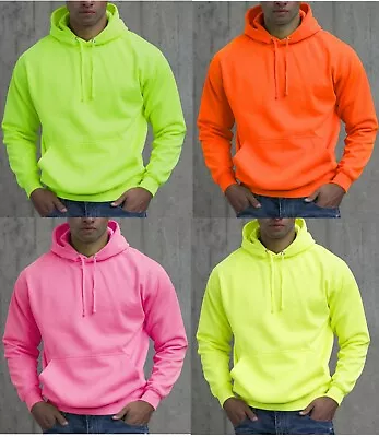 Buy Super Bright Hi Viz Electric Neon Hooded Top Hoodie Yellow Orange Pink Green • 13.99£