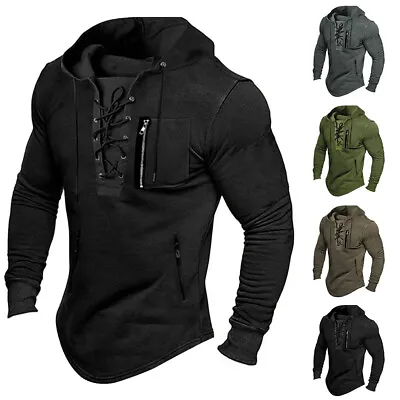 Buy Mens Lace Up Pullover Hoodie Hooded Sweatshirt Plain Zip Long Sleeve Jumper Tops • 14.19£