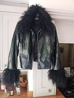 Buy Reclaimed Vintage Ladies Black  Leather Jacket Fur Collar Shiny 10 BNWT  Punk • 27£