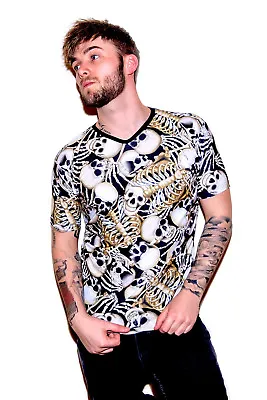 Buy Graveyard Of Bones Skeleton Skulls Ribcage Alternative V-Neck T-Shirt Top Goth • 21.99£