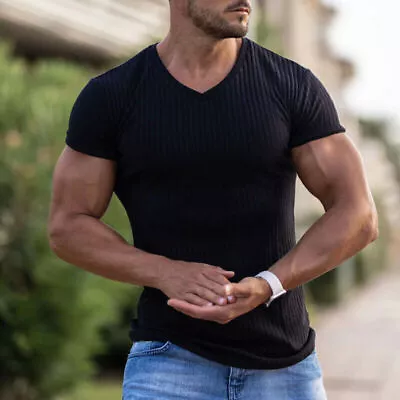 Buy Mens,Ribbed V Neck T-Shirt Short Sleeve Athletic Slim Muscle Tee Casual Tops CN∝ • 10.49£