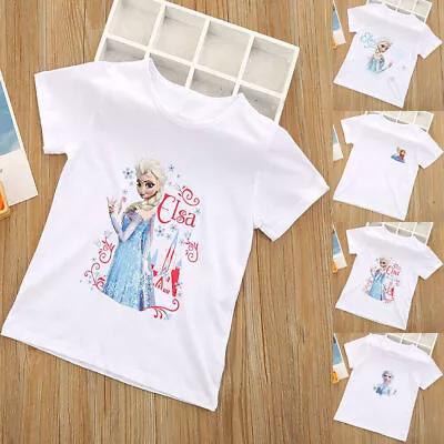 Buy Girls Kids Elsa Short Sleeve Tops Summer Blouse Tee Shirts T-shirt Print Clothes • 4.59£