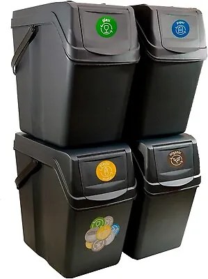 Buy Sorting Waste Bin Recycling Segregation Stackable Lidded Handle Stone Black 25L • 10.80£