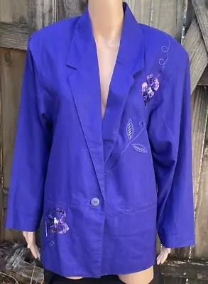 Buy Vtg ADOLFO International Purple Linen Blend Sequin Embroidered Flower Blazer  S • 23.62£