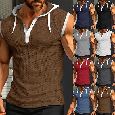 Buy Mens Waffle Hooded Tank Tops Vest Sleeveless Fitness Workout Sport Gym T Shirts • 13.59£