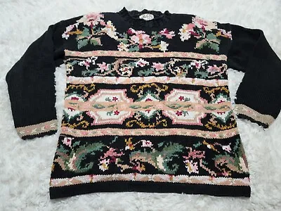 Buy Heirloom Collectibles Embroidered Floral L Sweater Mock Neck Shoulder Pads VTG  • 24.08£