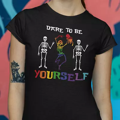 Buy Dare To Be Yourself T-Shirt Top - Skeleton Cat Funny LGBTQ Rainbow Gay Pride • 8.99£