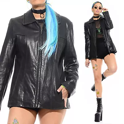 Buy Vtg Y2K 90s 2000s Cyber Goth Matrix Club Kid Black Leather Moto Jacket Coat M • 55.11£