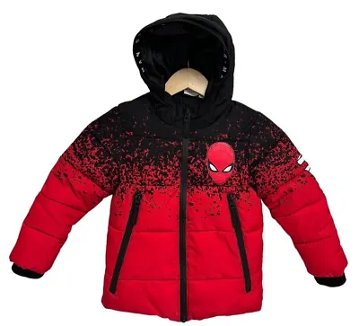 Buy Marvel Spiderman Boy's Red And Black Splattered Hooded Puffer Coat Size 4-5 Y • 16.58£