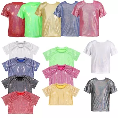 Buy Kids Girls Boys Sparkle Shiny Metallic Short Sleeves T-Shirt Jazz Hip Hop Tops • 5.99£