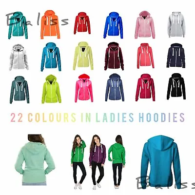 Buy Ladies Womens Plain Zip Up Hoodie Sweatshirt Fleece Jacket Hooded Top UK 8 To 22 • 14.99£