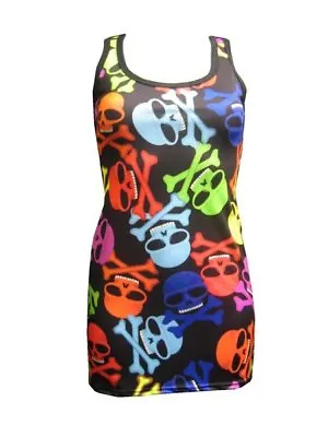 Buy New Ladies Multi Skulls Bones  Print Long Vest Top Summer Dress Goth Punk Emo • 18.69£