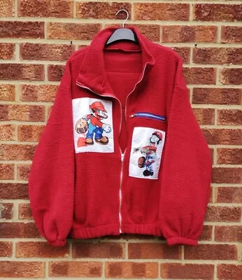 Buy Vtg Red Fleece Jacket Super Mario Bros Chunky Bomber Coat Gaming Cardigan M-L • 70£