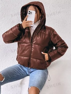 Buy Solid Brown Hem Zippered Hooded Padded Jacket Faux Leather Coat Winter Spring • 14.99£