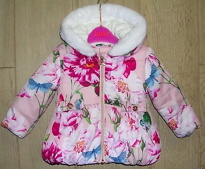 Buy Ted Baker Girls Pink Floral Fleece Lined Coat Hooded Jacket Age 9-12 Months • 14.99£