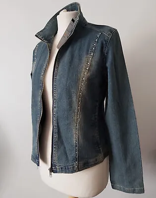 Buy Vintage Y2K Denim Jacket Coat Distressed Rhinestones Zip L 12 Blue Retro Washed • 24.99£