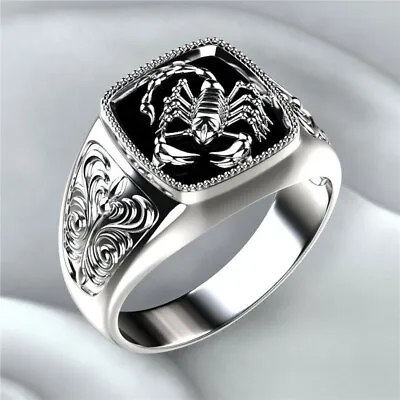 Buy Mens Fashion Silver Signet Scorpion BLACK Biker Ring Band Jewelry Gifts • 2.75£