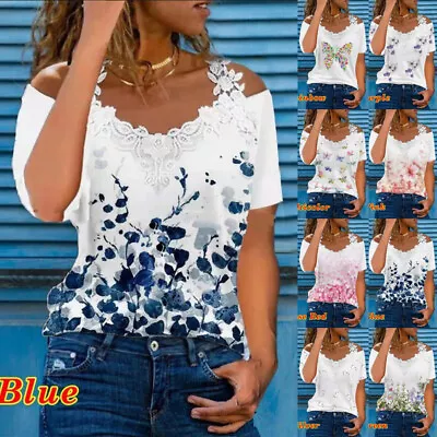 Buy Womens Lace Cold Shoulder Tops T-Shirts Ladies Boho V-Neck Summer Tee Blouses • 10.09£