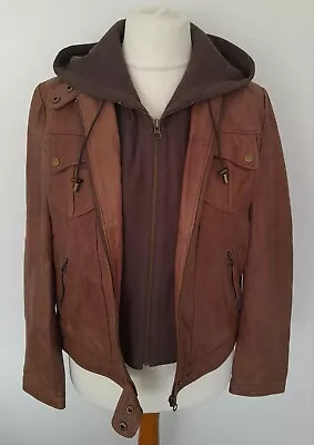 Buy NEXT - REAL LEATHER Jacket Removable Brown Fleece Hood TAN Soft Size 14 • 54.99£