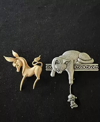Buy Vintage Jewelry (2) Brooch Pin Signed JJ Jonette Donkey MoveableCat Mouse • 26.84£
