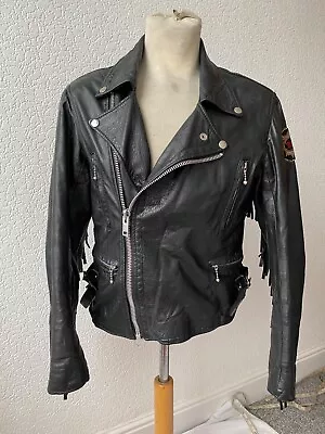 Buy Vintage Biker Leather Jacket Motorcycle BSA Patch Silver Zips Black Sz M-L 38-42 • 125£