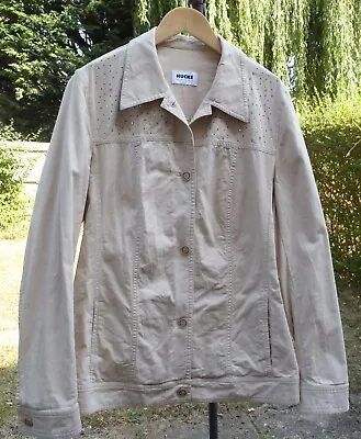 Buy HUCKE WOMAN Beige Rhinestone Long Sleeve Button-Up Collared Jacket - Size 14 • 5.50£