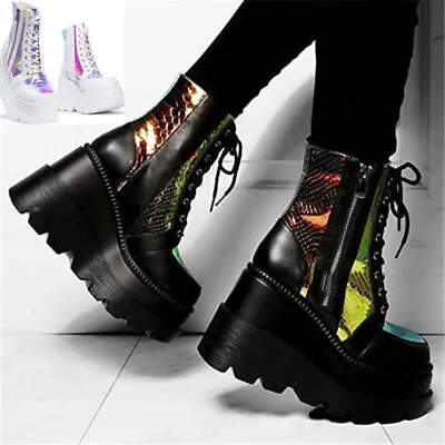 Buy Womens Goth Punk Ankle Boots Lace Up Chunky High Heel Platform Shoes Creepers Sz • 8.39£