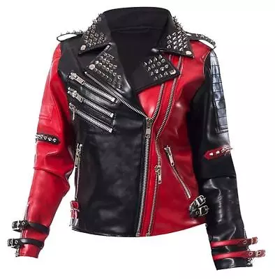 Buy Harley Quinn Heartless Asylum Studded Biker Black & Red Leather Jacket For Women • 20£