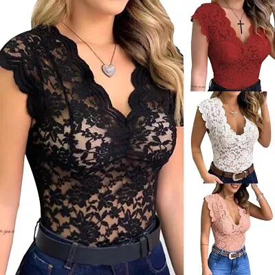 Buy Womens Sexy Lace Vest Tank Tops Ladies Slim Fit Sleeveless V Neck Stretch Blouse • 1.69£