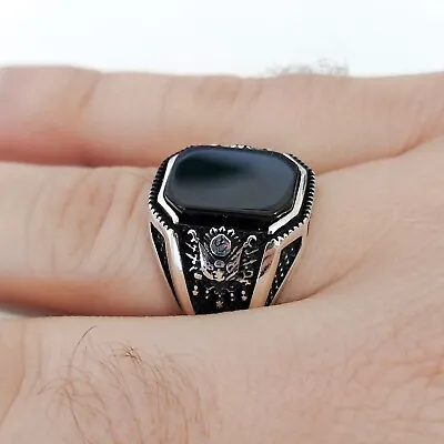 Buy 925 Sterling Silver Handmade Ring With Black Onyx Stone & Ottoman Coat Of Arms • 51.03£