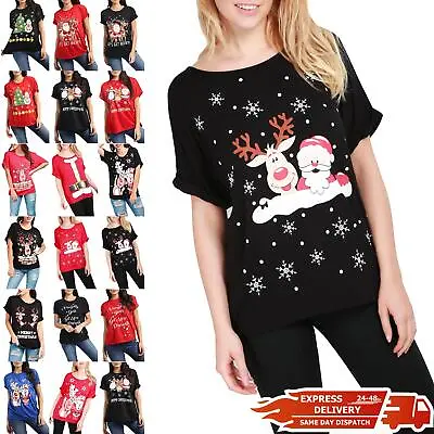 Buy Womens Ladies Baggy Oversized Turn Up Sleeve Xmas Christmas Printed T Shirt Top • 3.29£