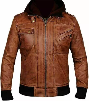 Buy Men's Fitted Bomber Tan Brown Motorcycle Real Leather Jacket Smart Hooded Coat • 34.99£