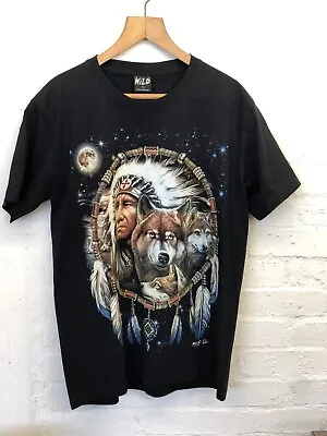 Buy Wild Native American Wolves Black T-shirt Size L • 15.48£