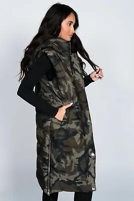 Buy Ladies New Camouflage Hooded Long Line Puffer Gilet Jacket Warmer (UK S - XL) • 18.99£