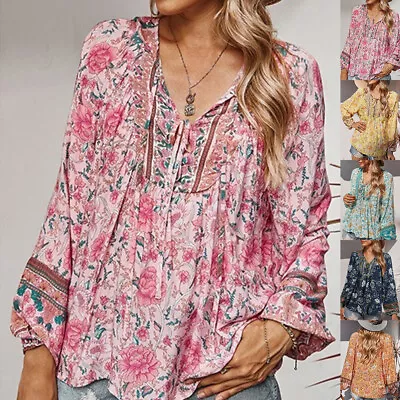 Buy Womens Boho Floral V-Neck Blouse Long Sleeve Loose T Shirts Tunic Tops Size 20 • 4.99£