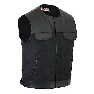 Buy Collarless Codura Biker Waistcoat YKK Zipper Snaps Vest Black Real Leather Trim • 36.97£