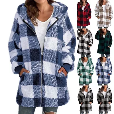Buy New Ladies Fleece Teddy Bear Check Overcoat Zip Hooded Jacket Jumper Plus Size • 14.65£