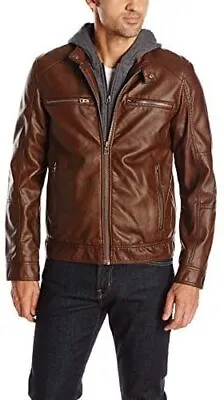 Buy Bnwt Guess Mens Faux Leather Brown Hooded Moto Jacket Size Small Rrp $225 • 69.94£