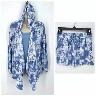 Buy Roudelain NWT 3 Pc PJ Set Sleepwear Hooded Robe Shirt & Shorts Size S Blue White • 36.14£