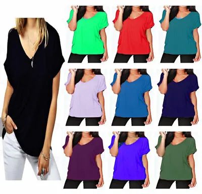 Buy Womens T Shirt Ladies Oversized Baggy Turn Up Batwing Loose V Neck Plus Size Top • 7.99£