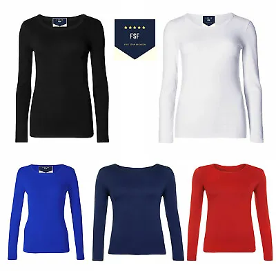 Buy Womens Ladies Long Sleeve Stretchy Plain Round Scoop Neck T Shirt Crew Neck Top  • 4.99£