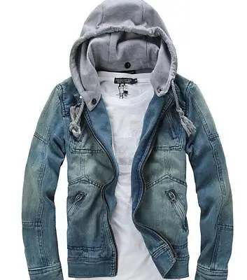 Buy Men Retro Denim Hooded Zip Jean Jacket Hood Coat Cowboy Large Size M-5Xl Mm000 • 32.89£