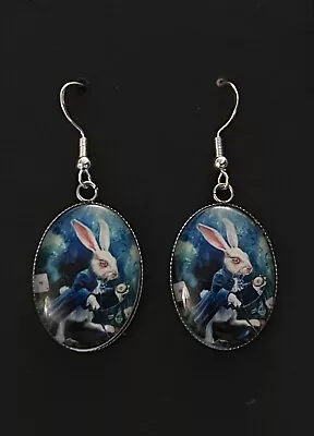 Buy Silver 925 Rabbit Earrings Alice In Wonderland Cartoon Clock Jewellery Gift Her • 9.95£