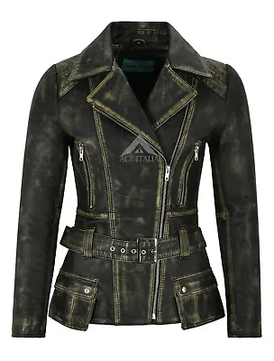 Buy 'FEMININE' Ladies Leather Jacket Rusty Belted Chic Rock Real Leather Jacket 2812 • 89.40£