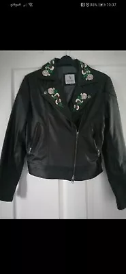 Buy  Women's Black Embroidered Vegan Leather Biker Jacket Sz 12 James, & Co • 13.50£