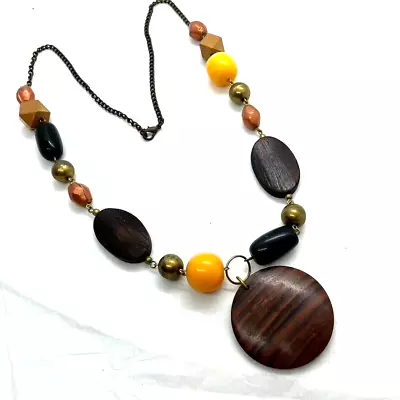 Buy Orange Plastic & Wooden Bead Necklace Wood Pendant Festival Costume Jewellery • 0.99£