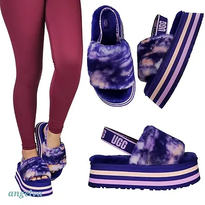 Buy Ugg Disco Slide Stripe Graphic Strap Platform Slippers Violet Night • 59.81£